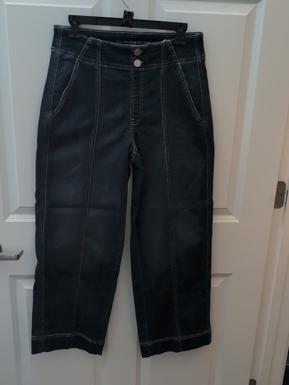 Chico's Dark Denim Wide-Leg Jeans with Contrast Stitching.